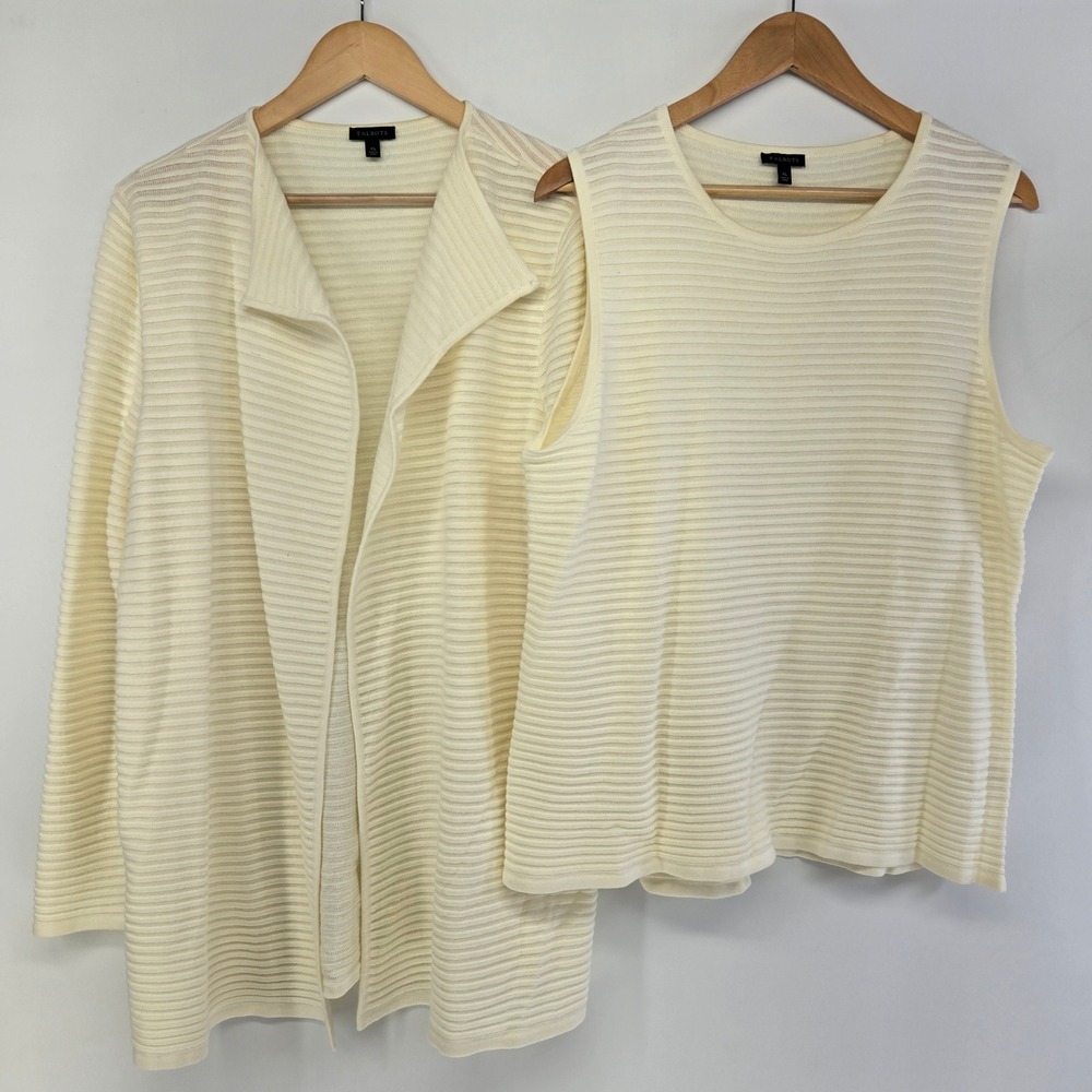 Talbots Sweater Set Women XL Ivory Ribbed Open Front Cardigan Tank Twin Set